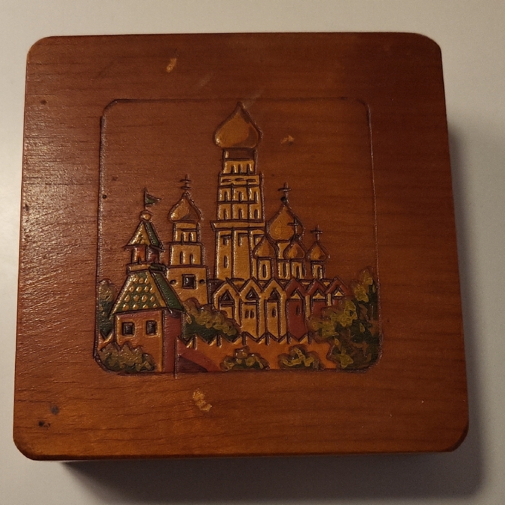 Vintage 1970 USSR Russian Pyrography Trinket Box, Hand Painted Church Scene